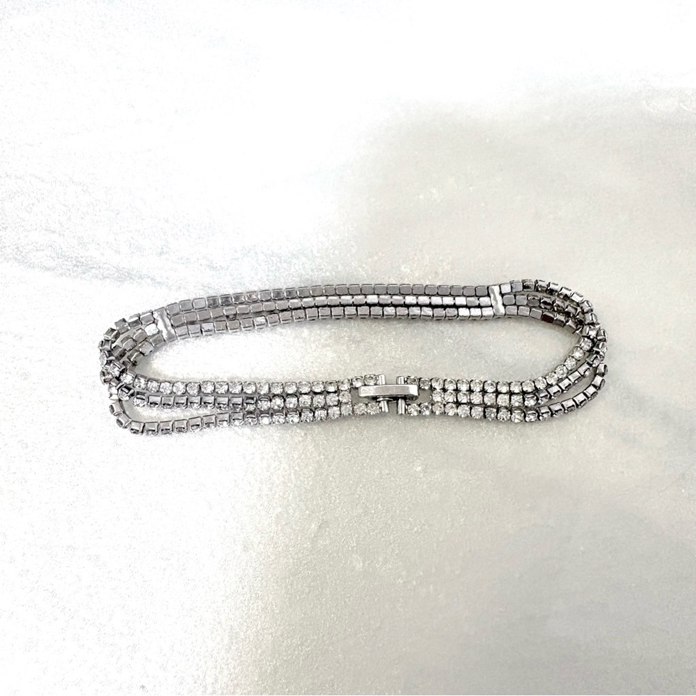Triple Strand Rhinestone Bling Silver Bracelet 7”